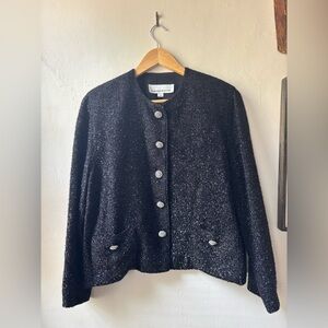 Caroline Rose Black Metallic Rhinestone Button Vintage Style Jacket Size Medium